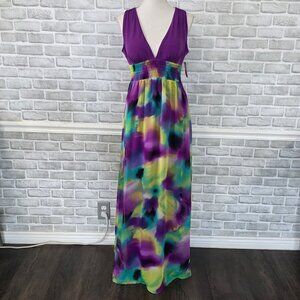 Candies Halter Maxi Dress Watercolor Purple NEW L Party Resort Beach Boho Vibran